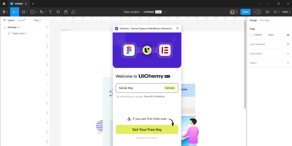 Entering Serial Key in Uichemy to activate it in Figma