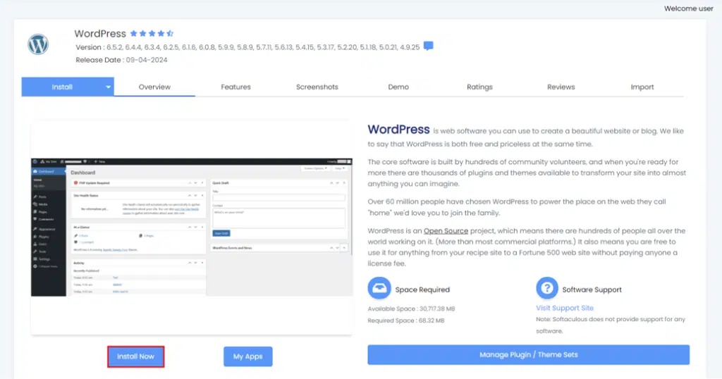 Install WordPress via Softaculous