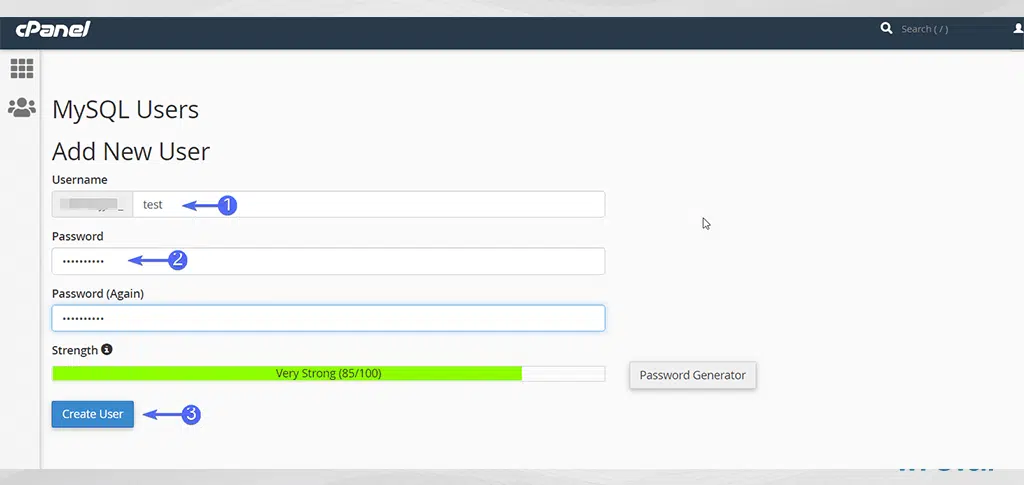 Creating a new database user in cPanel