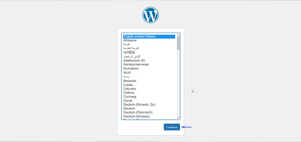 Choosing language for starting WordPress setup